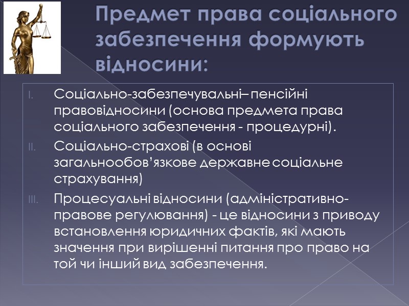 Предмет права соціального забезпечення формують відносини: Соціально-забезпечувальні– пенсійні правовідносини (основа предмета права соціального забезпечення